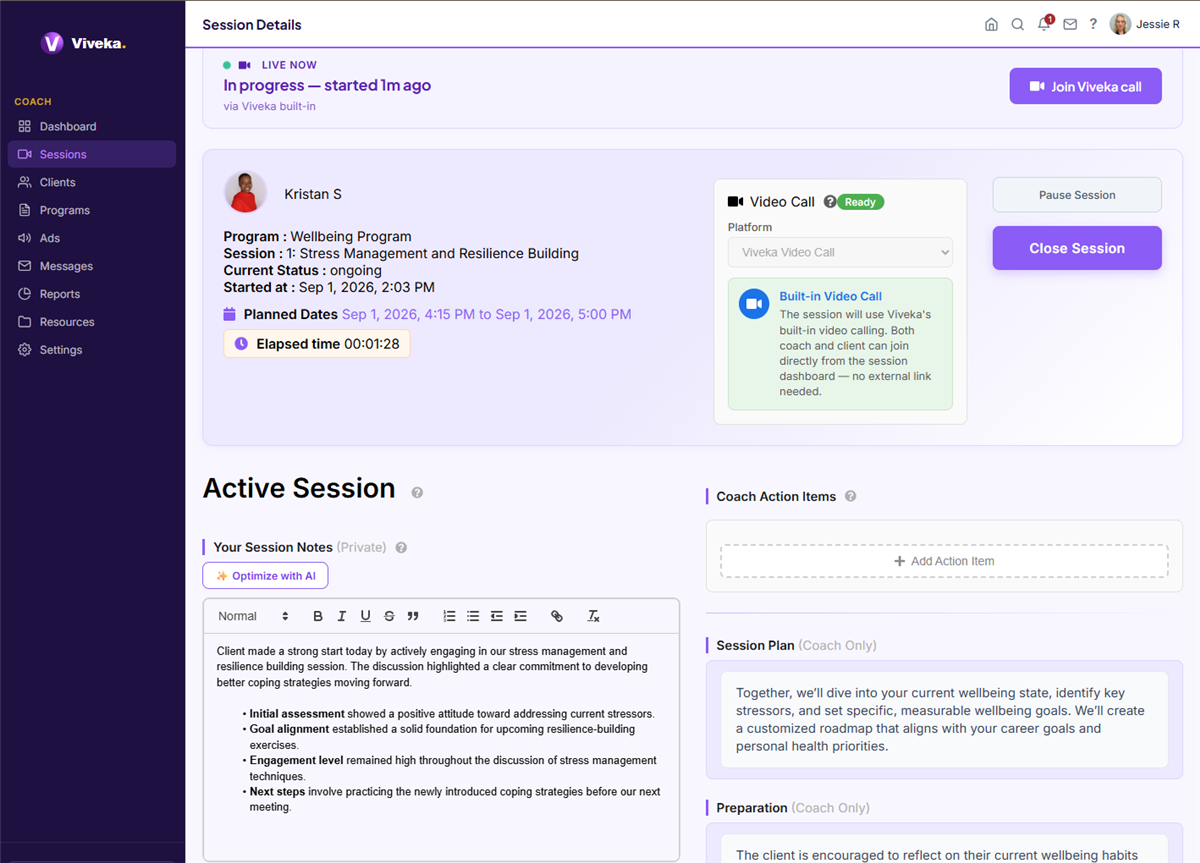 Live coaching session with built-in video call