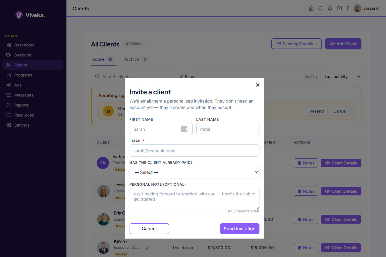 Client management workspace