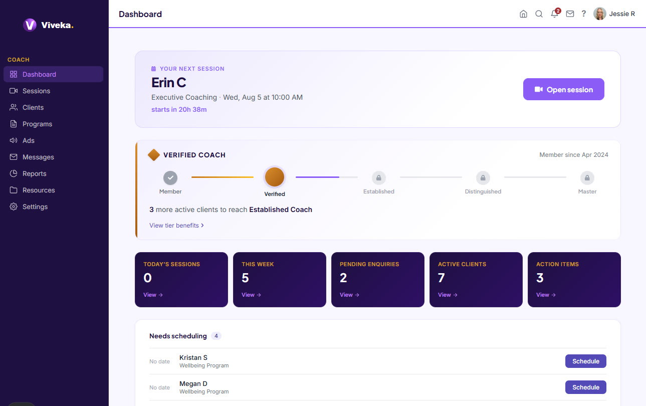 Viveka coach dashboard and practice overview