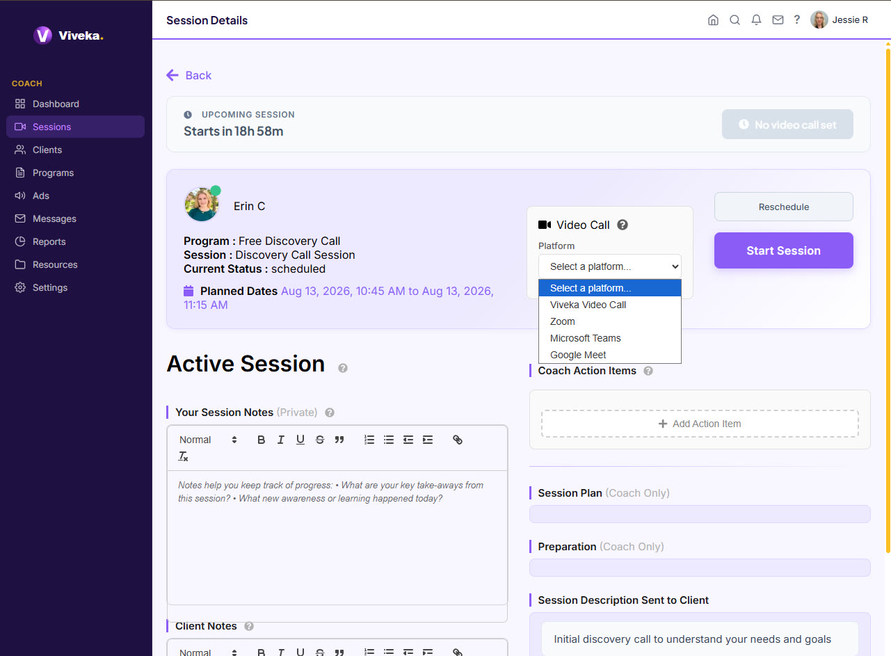 Live coaching session with built-in video call